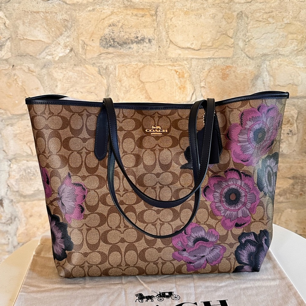 Coach City Tote Kaffe Fassett Floral Signature handbag+wallet brown Purple NWT - Picture 4 of 15